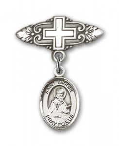 Pin Badge with St. Isidore of Seville Charm and Badge Pin with Cross [BLBP0603]
