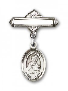 Pin Badge with St. Isidore of Seville Charm and Polished Engravable Badge Pin [BLBP0602]