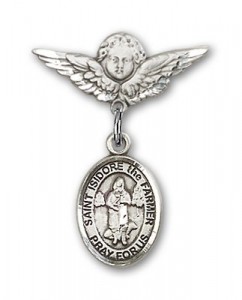 Pin Badge with St. Isidore the Farmer Charm and Angel with Smaller Wings Badge Pin [BLBP1803]