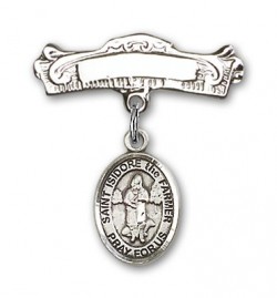 Pin Badge with St. Isidore the Farmer Charm and Arched Polished Engravable Badge Pin [BLBP1801]