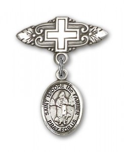 Pin Badge with St. Isidore the Farmer Charm and Badge Pin with Cross [BLBP1800]