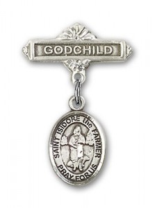 Pin Badge with St. Isidore the Farmer Charm and Godchild Badge Pin [BLBP1804]