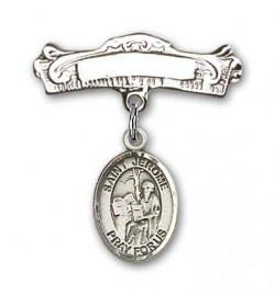 Pin Badge with St. Jerome Charm and Arched Polished Engravable Badge Pin [BLBP1192]