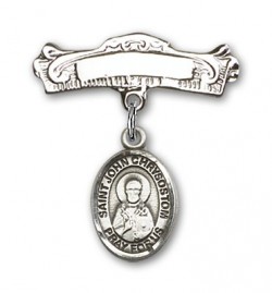 Pin Badge with St. John Chrysostom Charm and Arched Polished Engravable Badge Pin [BLBP2282]