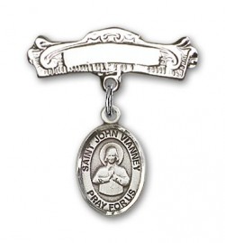 Pin Badge with St. John Vianney Charm and Arched Polished Engravable Badge Pin [BLBP1843]