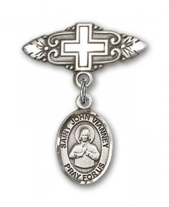 Pin Badge with St. John Vianney Charm and Badge Pin with Cross [BLBP1842]