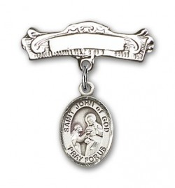 Pin Badge with St. John of God Charm and Arched Polished Engravable Badge Pin [BLBP1045]