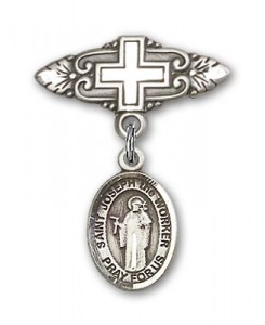 Pin Badge with St. Joseph the Worker Charm and Badge Pin with Cross [BLBP1422]
