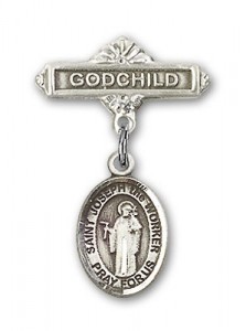 Pin Badge with St. Joseph the Worker Charm and Godchild Badge Pin [BLBP1426]