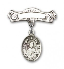 Pin Badge with St. Leo the Great Charm and Arched Polished Engravable Badge Pin [BLBP1101]