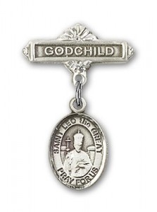 Pin Badge with St. Leo the Great Charm and Godchild Badge Pin [BLBP1104]