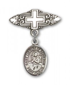 Pin Badge with St. Lidwina of Schiedam Charm and Badge Pin with Cross [BLBP1945]