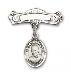 Pin Badge with St. Luigi Orione Charm and Arched Polished Engravable Badge Pin [BLBP2142]