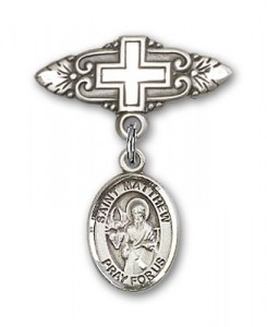 Pin Badge with St. Matthew the Apostle Charm and Badge Pin with Cross [BLBP0778]