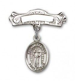 Pin Badge with St. Matthias the Apostle Charm and Arched Polished Engravable Badge Pin [BLBP2156]