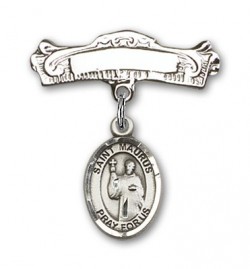 Pin Badge with St. Maurus Charm and Arched Polished Engravable Badge Pin [BLBP1563]