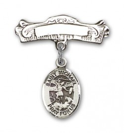 Pin Badge with St. Michael the Archangel Charm and Arched Polished Engravable Badge Pin [BLBP0793]