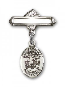 Pin Badge with St. Michael the Archangel Charm and Polished Engravable Badge Pin [BLBP0791]