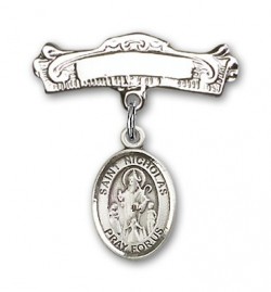 Pin Badge with St. Nicholas Charm and Arched Polished Engravable Badge Pin [BLBP0821]