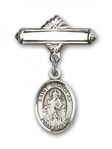Pin Badge with St. Nicholas Charm and Polished Engravable Badge Pin [BLBP0819]