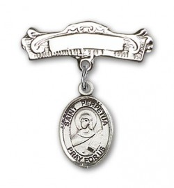 Pin Badge with St. Perpetua Charm and Arched Polished Engravable Badge Pin [BLBP1773]