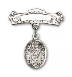 Pin Badge with St. Peter Nolasco Charm and Arched Polished Engravable Badge Pin [BLBP1904]