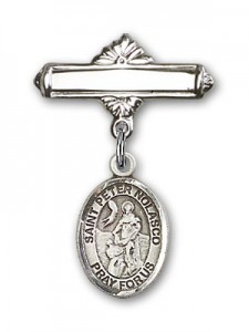 Pin Badge with St. Peter Nolasco Charm and Polished Engravable Badge Pin [BLBP1903]