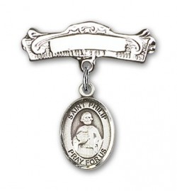Pin Badge with St. Philip the Apostle Charm and Arched Polished Engravable Badge Pin [BLBP0842]