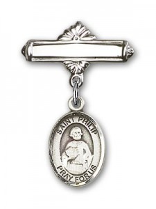 Pin Badge with St. Philip the Apostle Charm and Polished Engravable Badge Pin [BLBP0840]
