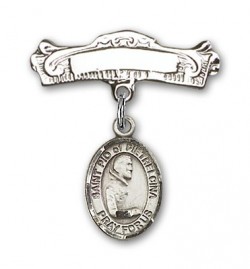 Pin Badge with St. Pio of Pietrelcina Charm and Arched Polished Engravable Badge Pin [BLBP1136]