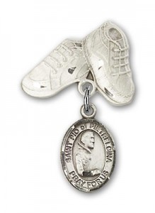 Pin Badge with St. Pio of Pietrelcina Charm and Baby Boots Pin [BLBP1140]