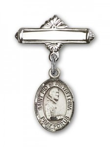 Pin Badge with St. Pio of Pietrelcina Charm and Polished Engravable Badge Pin [BLBP1134]