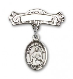 Pin Badge with St. Placidus Charm and Arched Polished Engravable Badge Pin [BLBP1556]