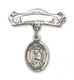 Pin Badge with St. Regina Charm and Arched Polished Engravable Badge Pin [BLBP2177]