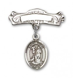 Pin Badge with St. Roch Charm and Arched Polished Engravable Badge Pin [BLBP2037]