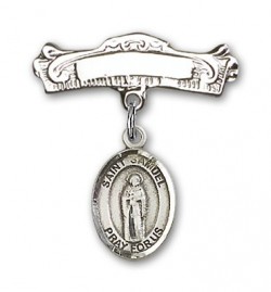Pin Badge with St. Samuel Charm and Arched Polished Engravable Badge Pin [BLBP1689]