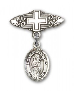 Pin Badge with St. Scholastica Charm and Badge Pin with Cross [BLBP0953]