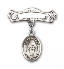 Pin Badge with St. Sharbel Charm and Arched Polished Engravable Badge Pin [BLBP1766]