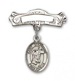 Pin Badge with St. Stephanie Charm and Arched Polished Engravable Badge Pin [BLBP1479]