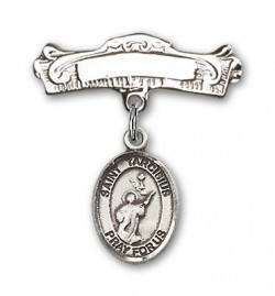 Pin Badge with St. Tarcisius Charm and Arched Polished Engravable Badge Pin [BLBP1703]