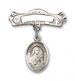 Pin Badge with St. Theresa Charm and Arched Polished Engravable Badge Pin [BLBP1003]