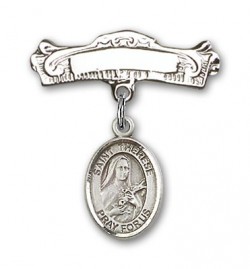 Pin Badge with St. Therese of Lisieux Charm and Arched Polished Engravable Badge Pin [BLBP1353]
