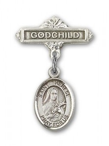 Pin Badge with St. Therese of Lisieux Charm and Godchild Badge Pin [BLBP1356]