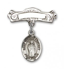 Pin Badge with St. Thomas A Becket Charm and Arched Polished Engravable Badge Pin [BLBP2233]