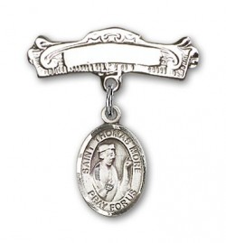 Pin Badge with St. Thomas More Charm and Arched Polished Engravable Badge Pin [BLBP1024]