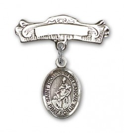 Pin Badge with St. Thomas of Villanova Charm and Arched Polished Engravable Badge Pin [BLBP1995]