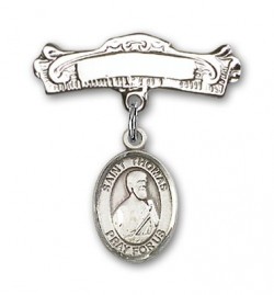 Pin Badge with St. Thomas the Apostle Charm and Arched Polished Engravable Badge Pin [BLBP1010]