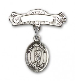 Pin Badge with St. Victor of Marseilles Charm and Arched Polished Engravable Badge Pin [BLBP1444]