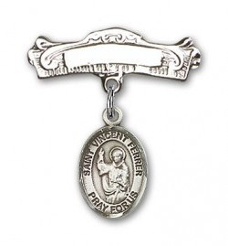 Pin Badge with St. Vincent Ferrer Charm and Arched Polished Engravable Badge Pin [BLBP1290]