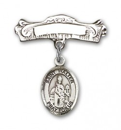 Pin Badge with St. Walter of Pontnoise Charm and Arched Polished Engravable Badge Pin [BLBP1863]